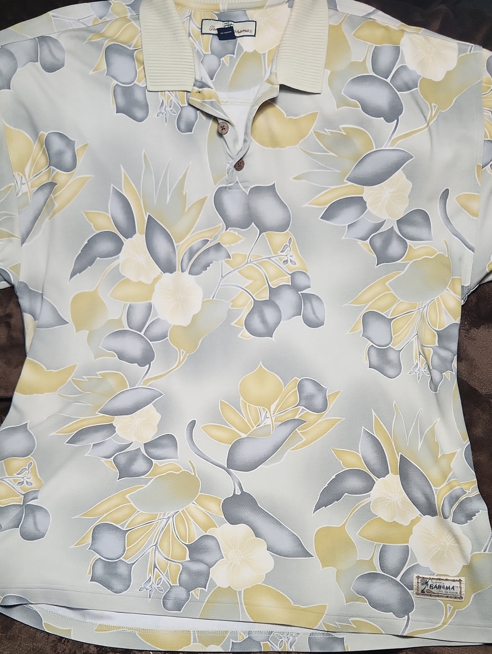 Tommy Bahama Mens Floral Polo in Pale Yellow and Gray Silk Cotton Blend. Vintage